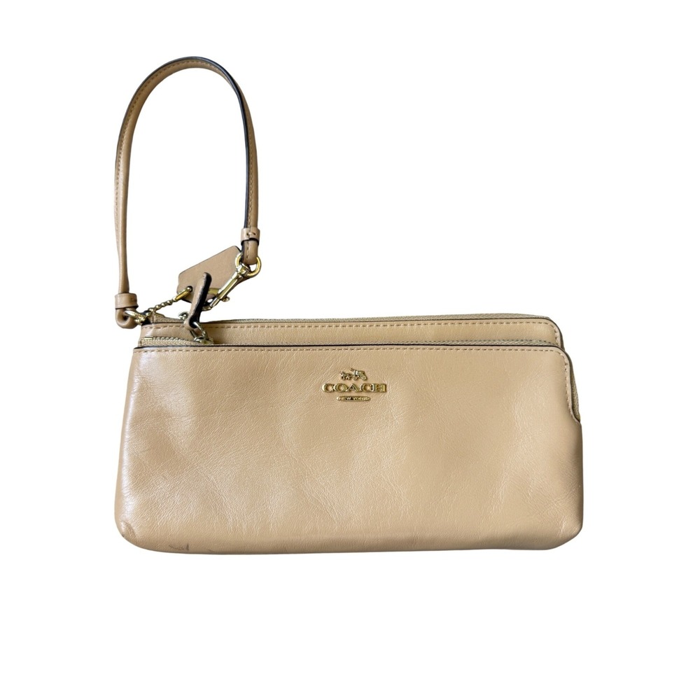 Coach Double Zip Wristlet Beige Leather Gold Hardware Card Slots Wallet